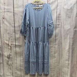 Petal & Pup NWT Blue and White Gingham Checkered Tiered 3/4 Sleeve Midi Dress